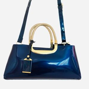 NAVY BLUE BAG ~ Classic Navy Blue Patent Sheen Handbag w/Gold Rope Handles